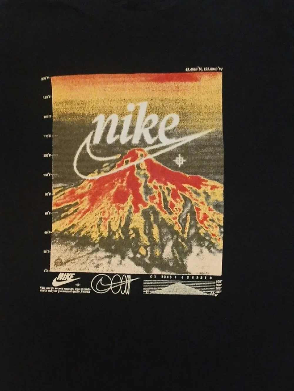 Nike Black Tee with Red & Yellow Volcano Graphic - Youth LARGE